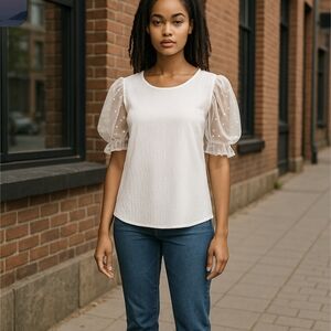 Westmoon White w/ Puff Dobby Mesh Polka-dot Sleeve Blouse